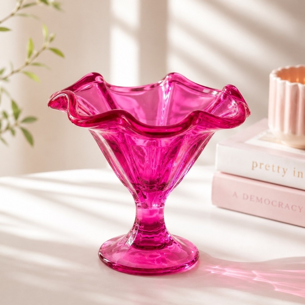 Burton + Burton Bright Pink Art Glass Ruffled Compote Candy Dish Vase